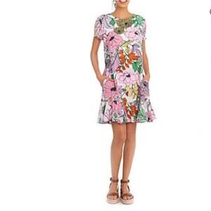 Clover & Sloane Floral Mini Dress SZ 12 Drop‎ Waist Ruffle Hem Summer Occasion